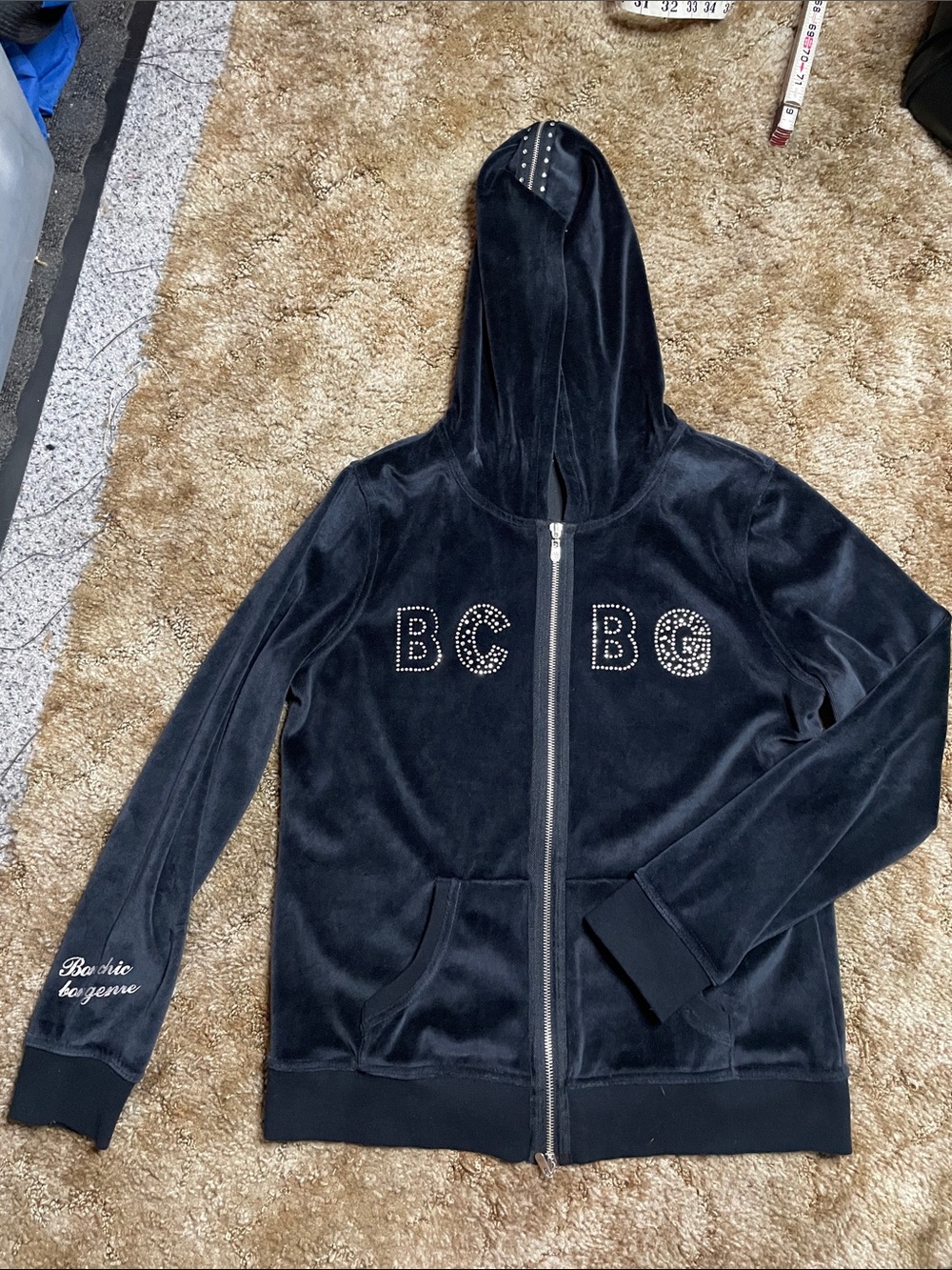 Y2K BCBG Black Velour Rhinestone Logo Zip Up Hoodie Jacket Women's Large